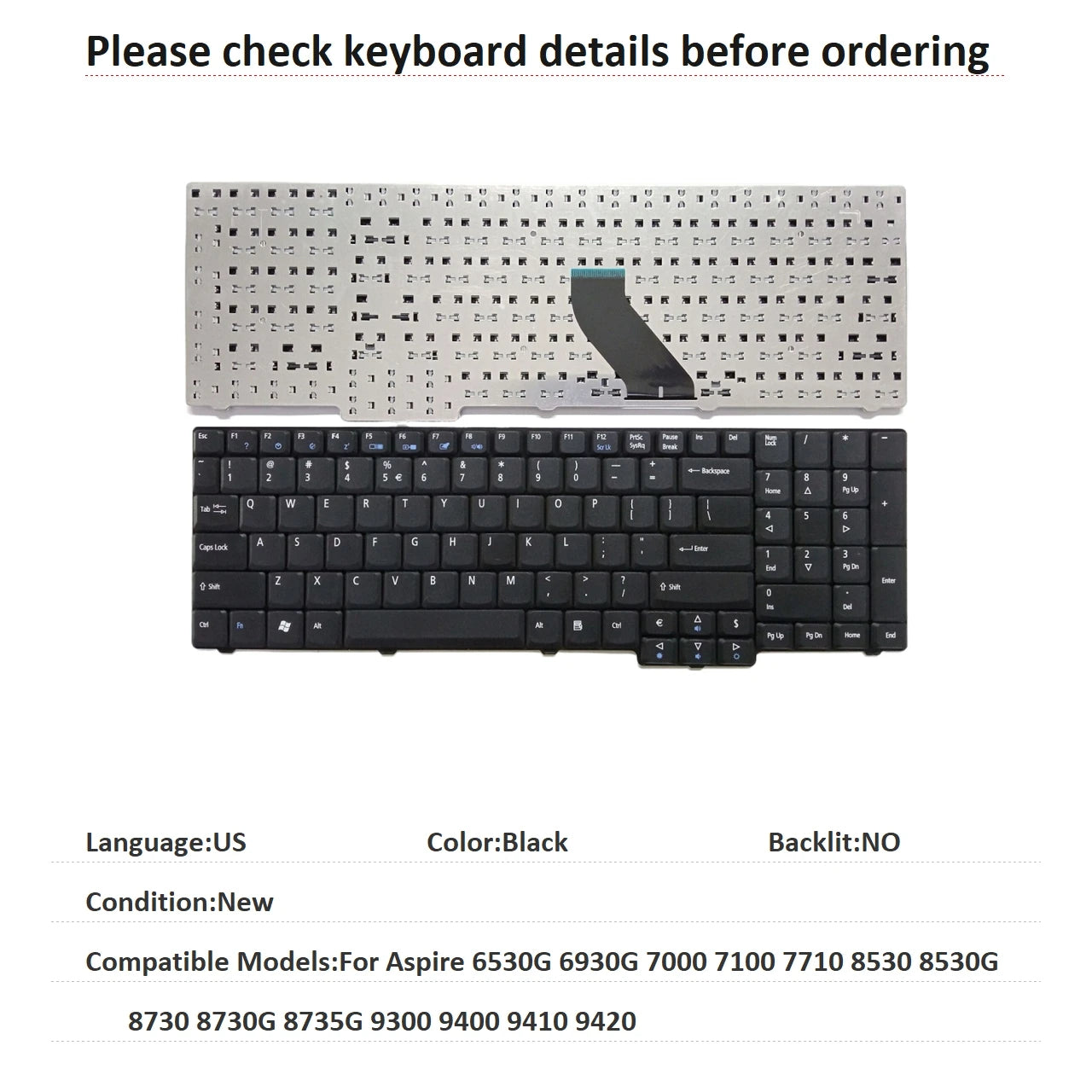 New US Language  Keyboard For Acer Aspire 6530G 6930G 7000 7100 7710 8530 8530G 8730 8730G 8735G 9300 9400 9410 9420 Acer laptop repair parts