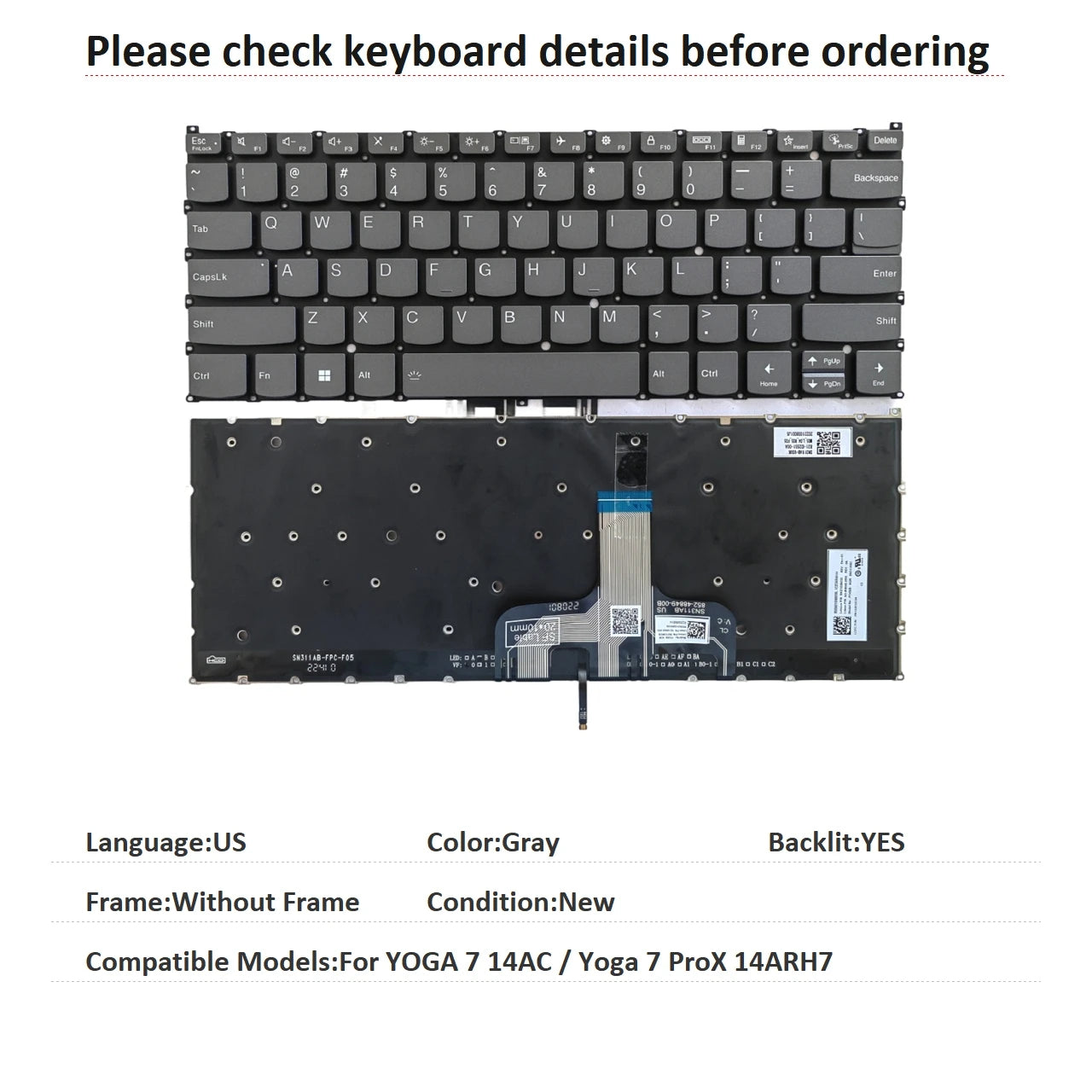 New US Language  Backlit Keyboard For Lenovo YOGA 7 14AC / Yoga 7 ProX 14ARH7 Notebook PC Replacement Keyboard Lenovo laptop repair parts