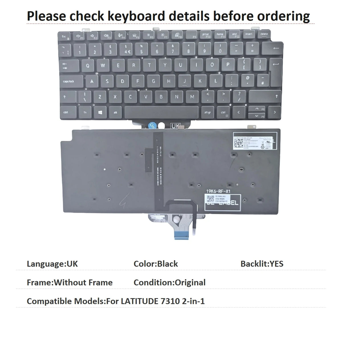 New US Spanish Latin UK Language  Backlit Keyboard For Dell LATITUDE 7310 2-in-1 01VJ7VDell laptop repair parts