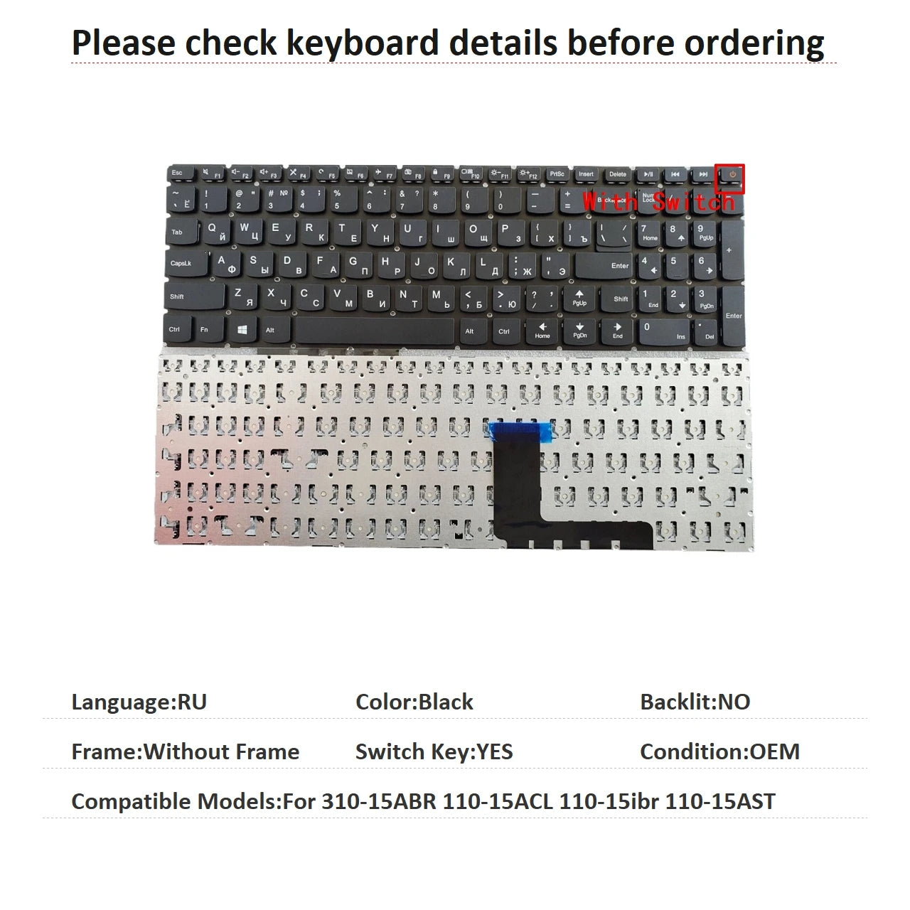 New US Russian Spanish Arab Brazil Language  Backlit Keyboard For Lenovo 310-15ABR 110-15ACL 110-15ibr 110-15AST Lenovo laptop repair parts