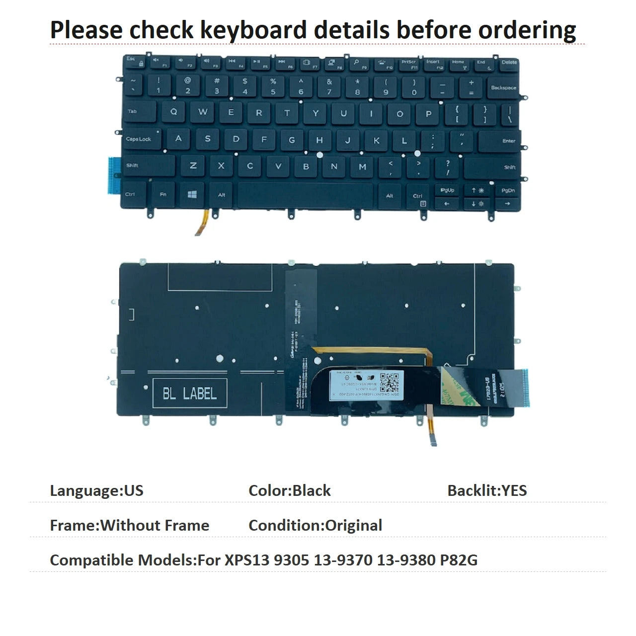 New US Spanish Language  Backlit Keyboard For Dell XPS13 9305 13-9370 13-9380 P82G 0RMCR1Dell laptop repair parts