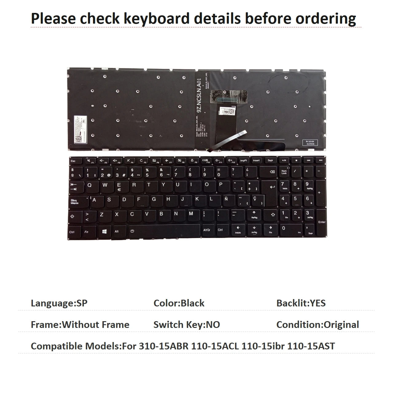 New US Russian Spanish Arab Brazil Language  Backlit Keyboard For Lenovo 310-15ABR 110-15ACL 110-15ibr 110-15AST Lenovo laptop repair parts