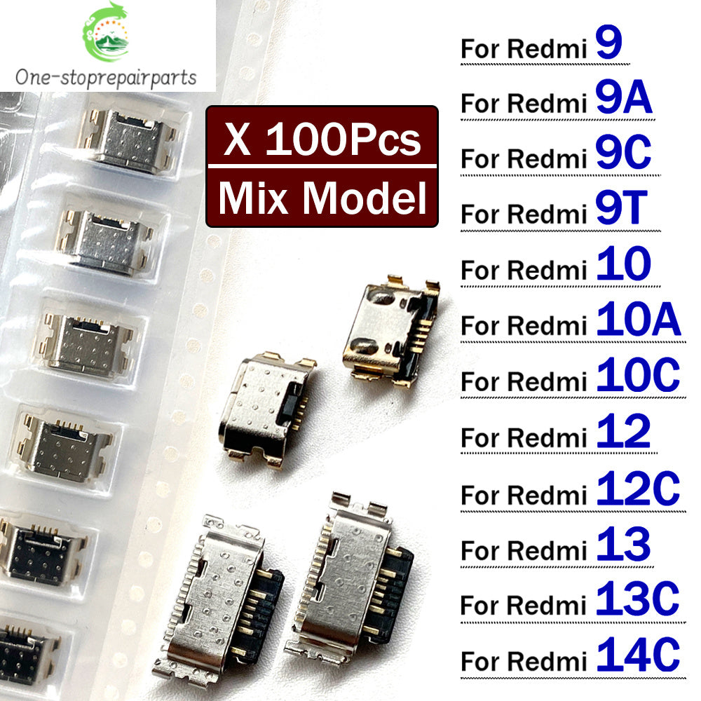 100Pcs, Charger Micro USB Charging Port Dock Connector Socket For Xiaomi Redmi 8 9 9A 9C 9T 10 10A 10C 12 12C 13 13C 14C 4G 5G Xiaomi  Xiao mi phone repair parts
