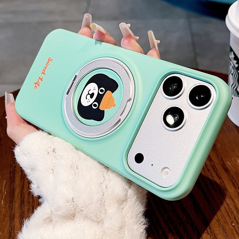 Cartoon small animal fulcrum shell for iPhone 17promax mobile phone case new iPhone16 large hole lens frame with 360 ° rotating bracket 15pro women's cute shell Phone accessories