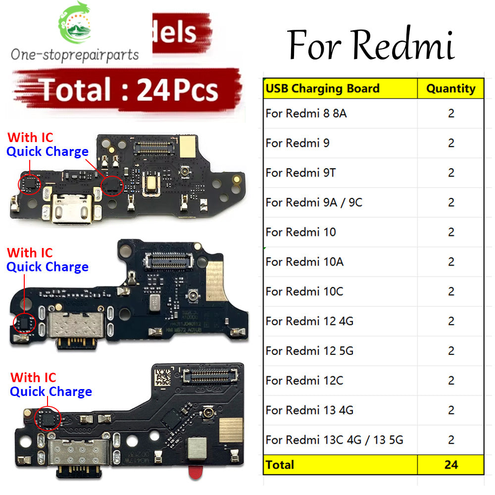 24Pcs, USB Charger Charging Dock Port Connector Flex Cable For Xiaomi Redmi 8 8A 9 9C 9A 9T 10 10A 10C 12 12C 13 13C 4G 5G  Xiaomi  Xiao mi phone repair parts