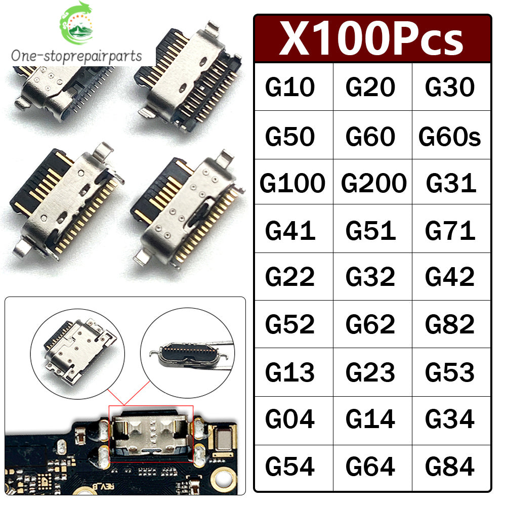 100Pcs, USB Charging Connector Charger Port For Moto G04 G14 G22 G32 G62 G31 G51 G52 G13 G23 G53 G54 G10 G20 G30 G50 G60 G60s Motorola phone repair parts