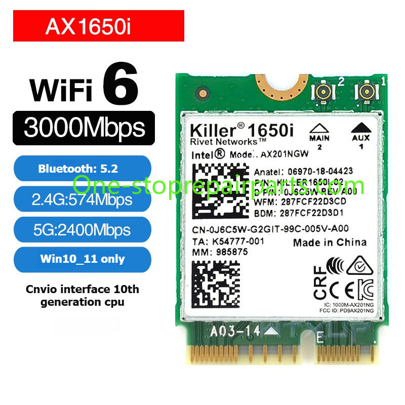 Laptop computer Wifi Card for Intel 9560NGW AX203NGW AX201NGW AX211NGW  Killer1675I 1650I 1550I 9462 9461NGW CNVio IPEX4 WIFI6E Wi-Fi 6E Bluetooth 5.3 Wireless Card