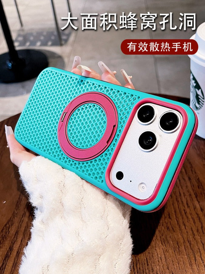 Two-color honeycomb bracket for iPhone 17promax mobile phone case New iPhone16 contrasting color honeycomb heat dissipation with 360 ° rotating bracket 15pro breathable, shell Phone accessories