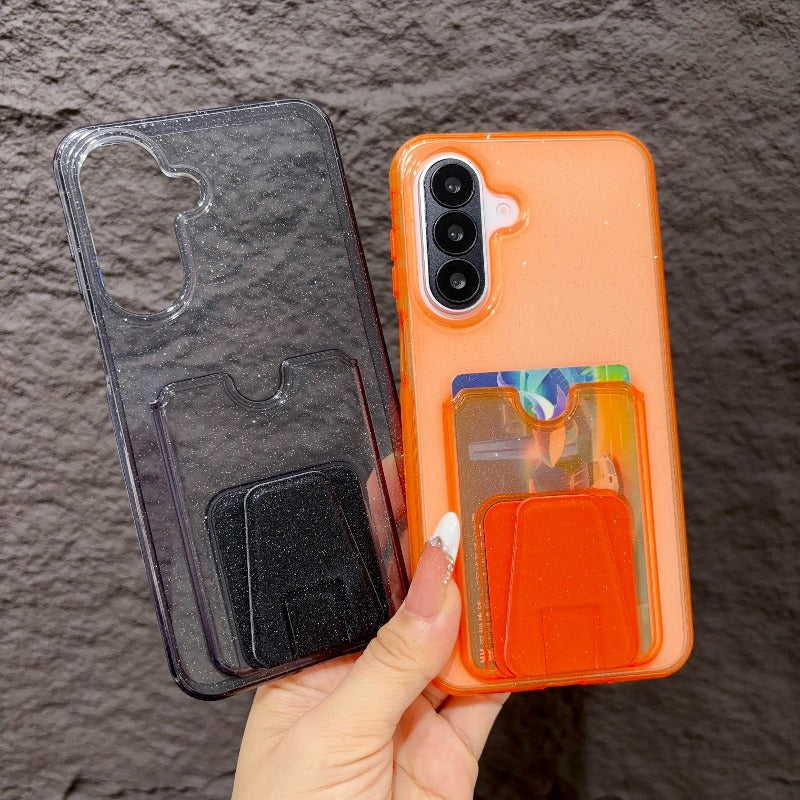 High-value multi-functional glitter powder card bag bracket, suitable for Samsung s26ultra mobile phone case 25plus transparent card case, integrated 24 can insert card 23 to put card change bag, large hole TPU transparent soft case Phone accessories