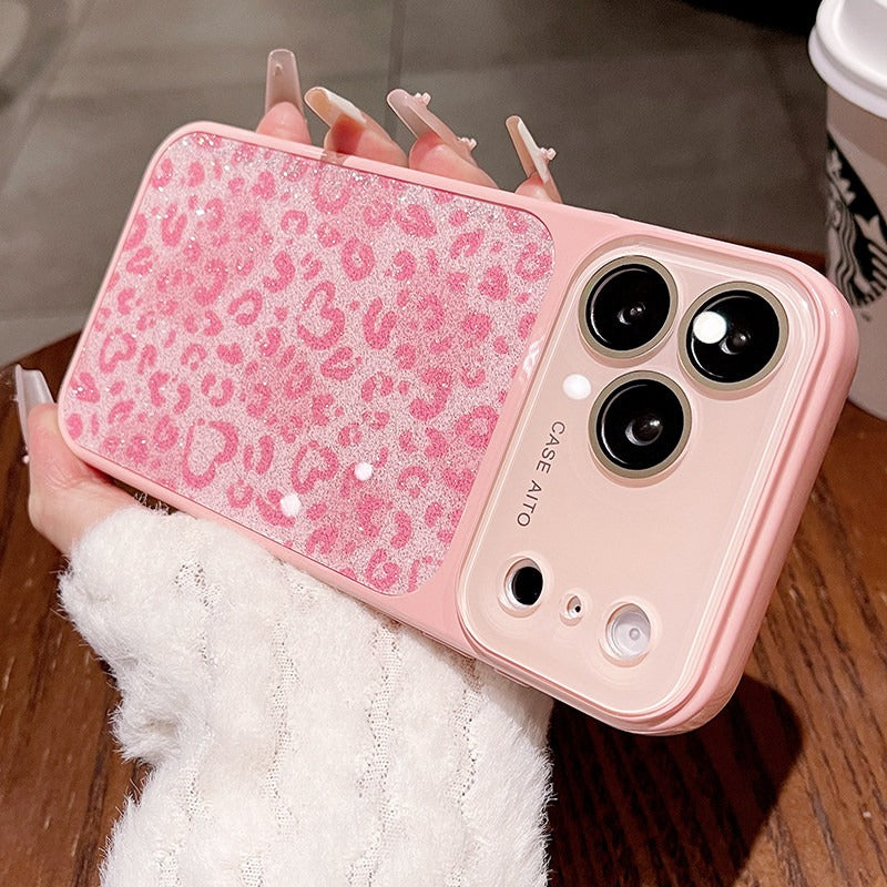 Glitter love leopard print for iPhone 17promax mobile phone case new iPhone16 seconds change 17pro large window lens film all-inclusive 15pro sweet cool women's shell Phone accessories