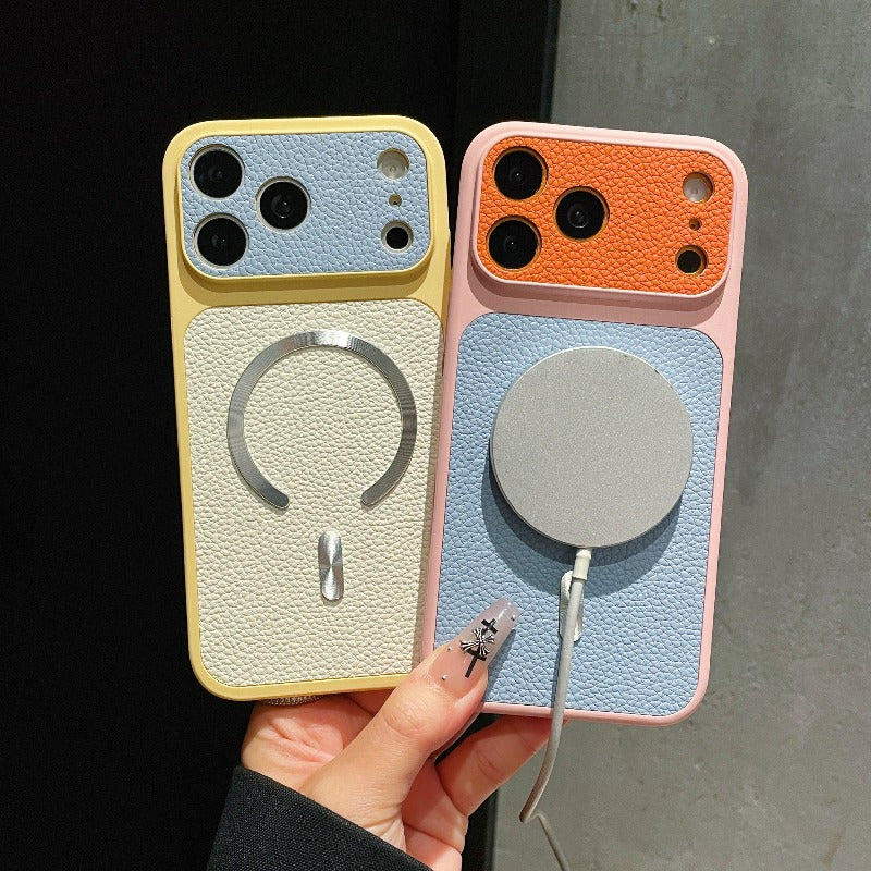 Dopamine contrasting magnetic leather pattern for iPhone 17promax mobile phone case iPhone16 new second change 17 with camera button 15 all-inclusive 14 anti-drop 13 super fire 12pm premium women's 11 Phone accessories