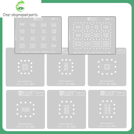 AMAOE EMMC3 2 BGA Reballing Stencil For Android Nand Flash EMMC EMCP UFS LPDDR PCIE 153 162 169 221 254 60 70 186 200 Repair Professional Repair Tools