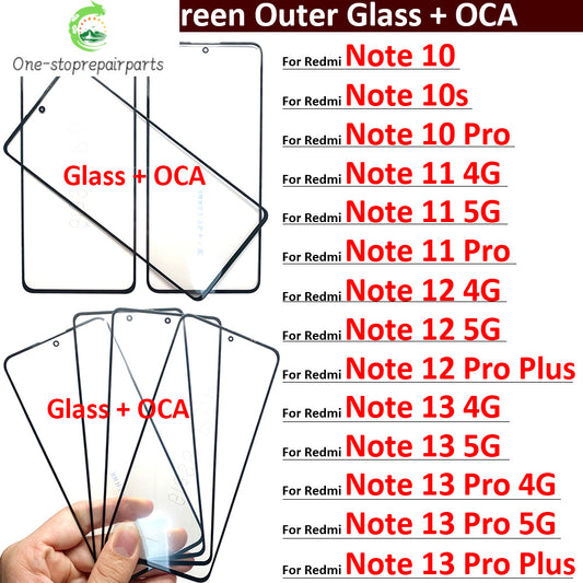 New Screen Front Outer Glass + OCA For Xiaomi Redmi Note 10 10s 11 11s 12 12s 13 Pro Plus 4G 5G Screen Touch Panel Glass Xiaomi  Xiao mi phone repair parts