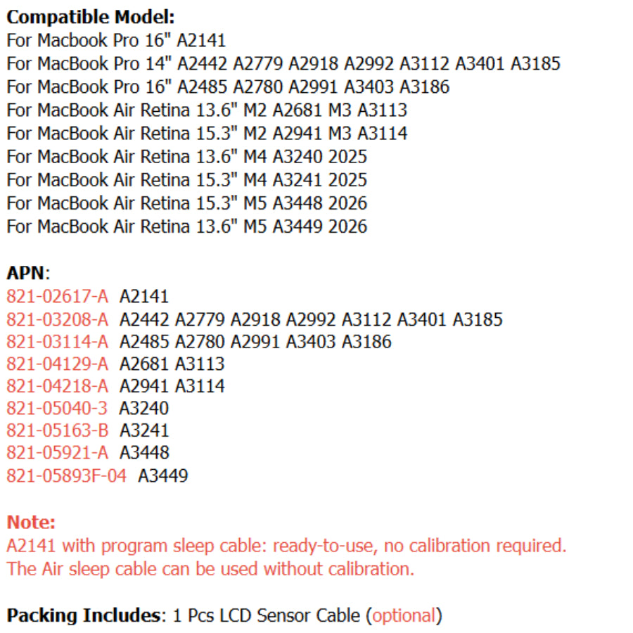 A3240 A2941 A2681 LCD Sensor Cable A2442 A2485 Lid Angle Sensor Cable For Macbook A2141 Screen Sleep Cable 821-04129 821-03208 Macbook repair parts