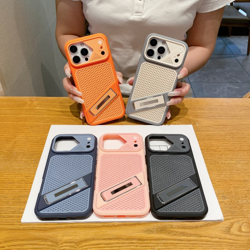 The new mesh cooling is suitable for iPhone 18promax mobile phone case iPhone17Pro one-word bracket 16/15 large window 14 creative anti-drop Phone accessories