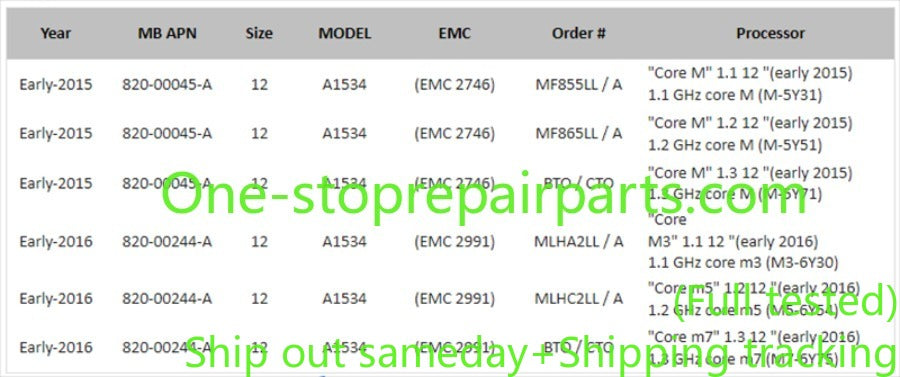 For Apple Macbook air 12” A1534 2015 2016 2017  1.1 1.2 1.3 8G 16G 256GB 512GB  820-00045-A 820-00244-A 820-00687-A  logic board motherboard