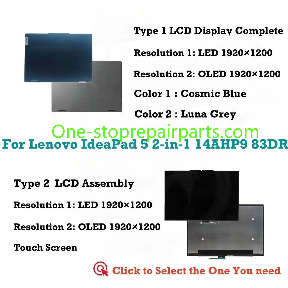 LCD screen For Lenovo IdeaPad 5 2-in-1 14AHP9 83DR Series 5D10S40069 5D10S40070 5D10S40068 5D10S40072 5D10S40073 5D10S40071 FHD+ LCD Screen Complete Assembly  Lenovo laptop repair parts