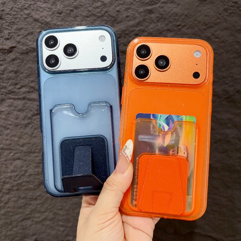 Star glitter card bag is suitable for iPhone 17promax mobile phone case orange with card cover Air folding bracket iPhone16 can be inserted into the card 15plus card 14pro transparent 13pm silicone card clip Phone accessories