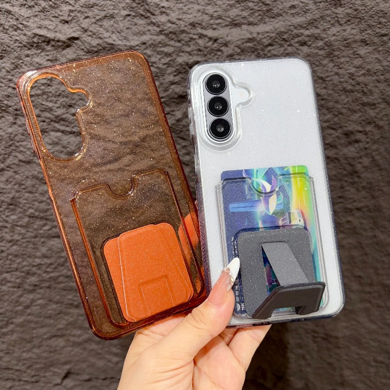 High-value multi-functional glitter powder card bag bracket, suitable for Samsung s26ultra mobile phone case 25plus transparent card case, integrated 24 can insert card 23 to put card change bag, large hole TPU transparent soft case Phone accessories