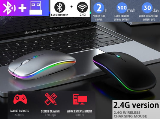 RGB Bluetooth Dual-mode Wireless Mouse for Laptop Tablet PC All-in-One Computer Silent No Noise Office Esports Games 5.1 + 2.4G Rechargeable Mute Charging Mouse