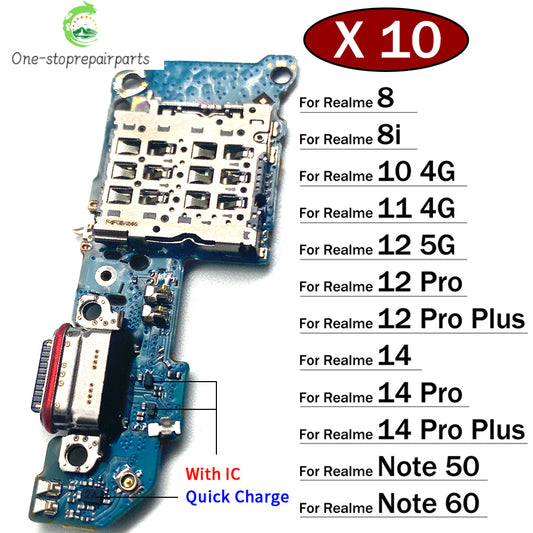 10Pcs, USB Charging Port Microphone Dock Connector Board Flex Cable For OPPO Realme 8 8i 10 11 12 14 Pro Plus Note 50 60 4G 5G Realme phone repair parts