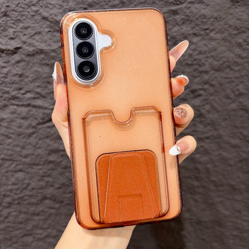 High-value multi-functional glitter powder card bag bracket, suitable for Samsung s26ultra mobile phone case 25plus transparent card case, integrated 24 can insert card 23 to put card change bag, large hole TPU transparent soft case Phone accessories