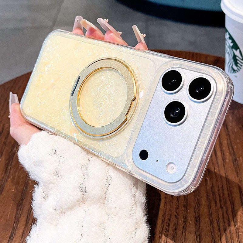 Gilded shell pattern stand for iPhone 17 Pro Max phone case, new iPhone 16 gradient gradient gradient with built-in pearlescent glitter protective cover, 15 Pro stand case, Phone accessories