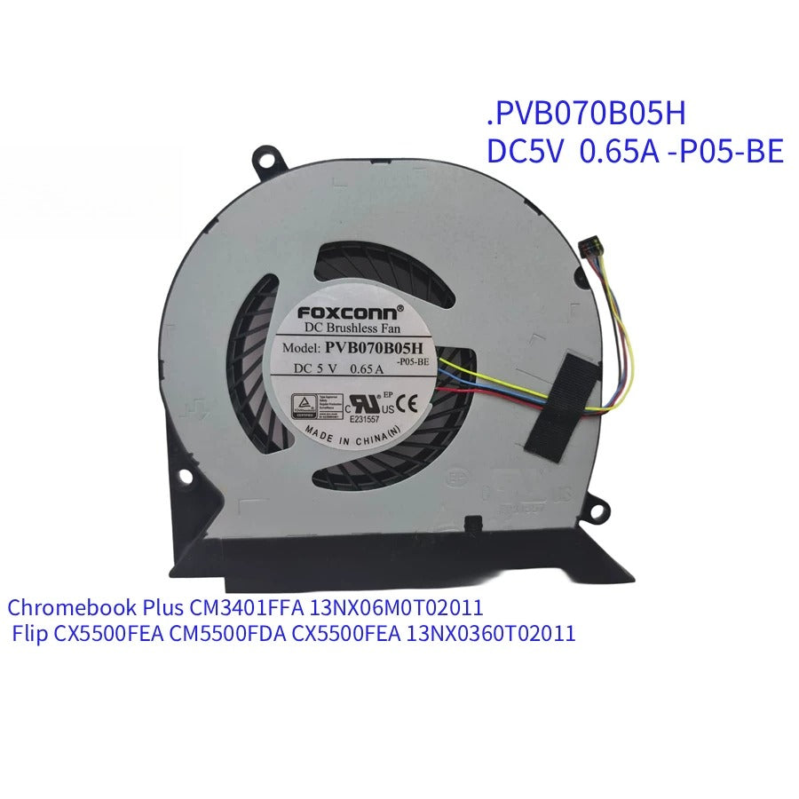 CPU Cooling Thermal Fan Assembly PVB070B05H For ASUS Chromebook Flip CX5 CM5 Plus CM3401FFA 13NX06M0T02011 Flip CX5500FEA CM5500FDA CX5500FEA 13NX0360T02011 C536EA C536FA DC5V 0.65A -P05-BE ASUS CPU cooling fan ASUS laptop repair parts