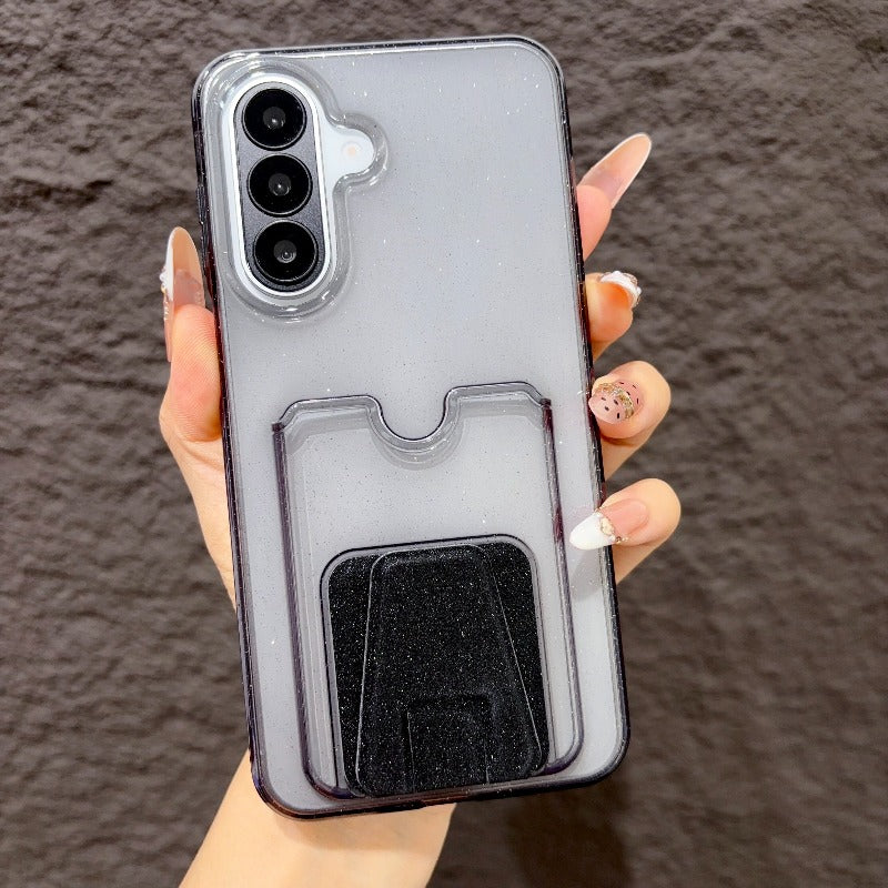 High-value multi-functional glitter powder card bag bracket, suitable for Samsung s26ultra mobile phone case 25plus transparent card case, integrated 24 can insert card 23 to put card change bag, large hole TPU transparent soft case Phone accessories