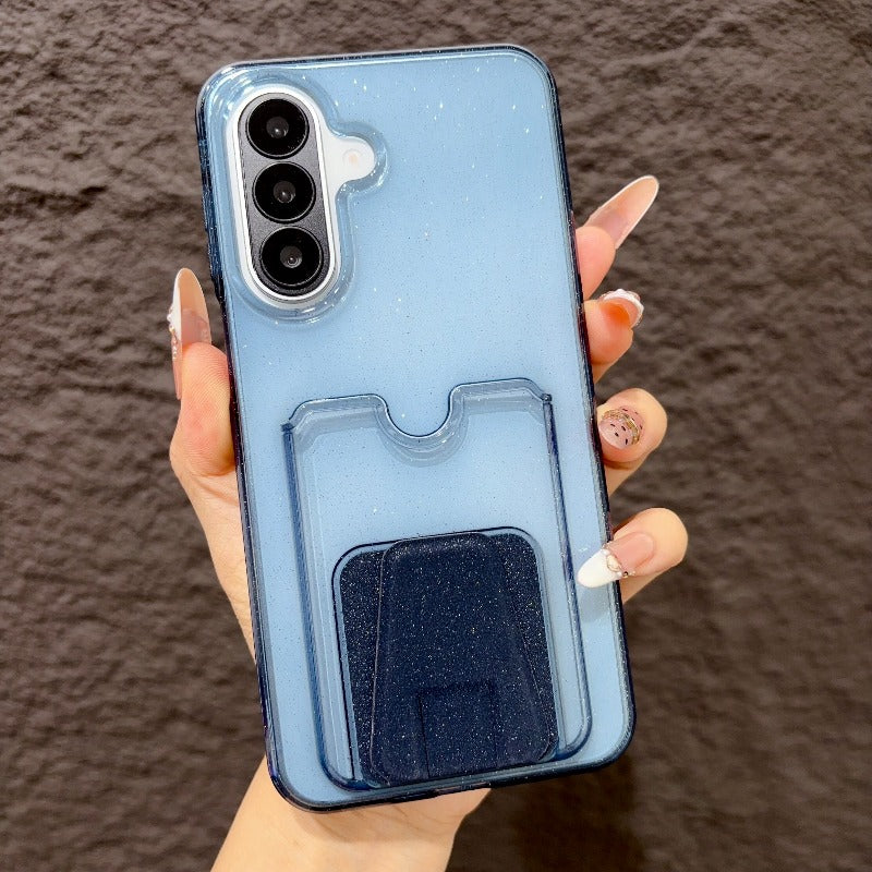 High-value multi-functional glitter powder card bag bracket, suitable for Samsung s26ultra mobile phone case 25plus transparent card case, integrated 24 can insert card 23 to put card change bag, large hole TPU transparent soft case Phone accessories