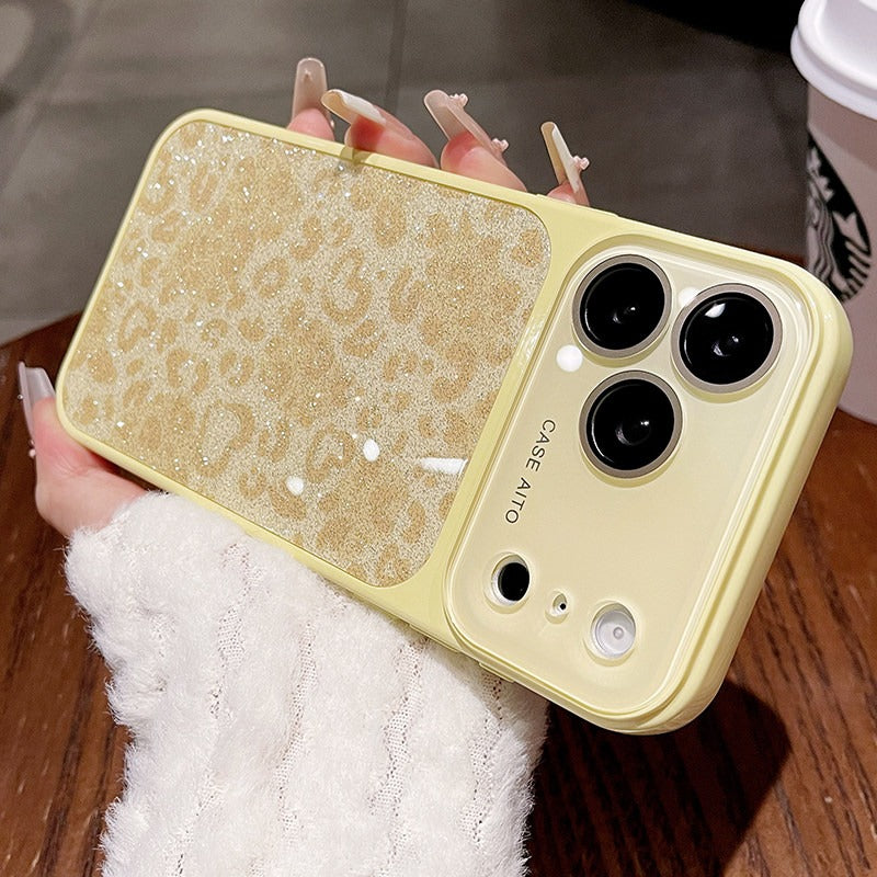 Glitter love leopard print for iPhone 17promax mobile phone case new iPhone16 seconds change 17pro large window lens film all-inclusive 15pro sweet cool women's shell Phone accessories
