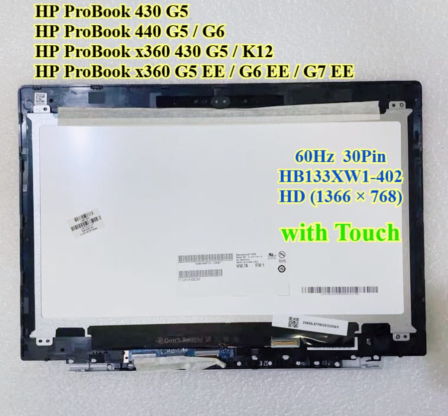HB133XW1-402 L01073-001 13.3 LCD Laptop LED Digitizer Panel w/Bezel 1366x768 30 Pins for HP ProBook 430 G5 440 G5 G6 x360 430 G5 K12  x360 G5 EE G6 EE G7 EE 60Hz  LCD Display Touch screen Panel Assembly+w/Bezel HP laptop repair parts