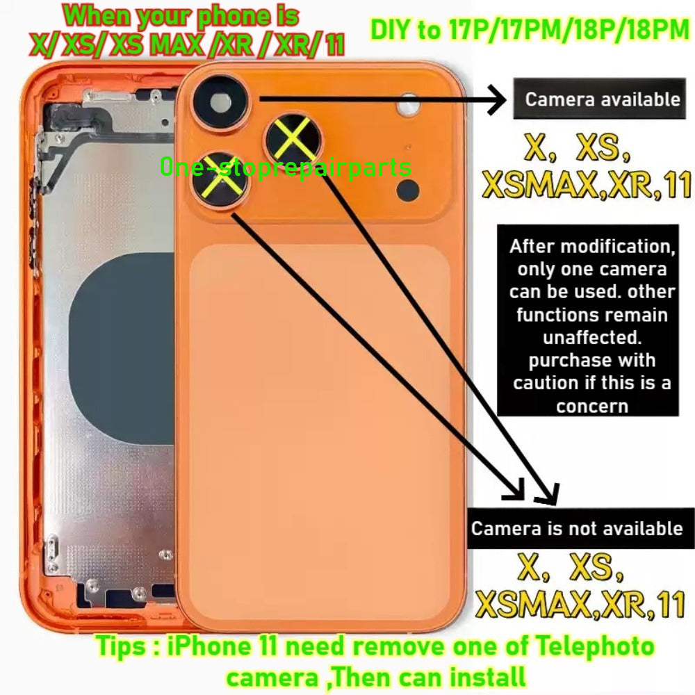 DIY Convertor Housing Back Cover Assembly Compatible For iPhone X XR XS MAX 11 11PRO 12 12PRO 13 Pro 14Pro 15Pro 15 Pro Max To 17 18 17Pro 18Pro Max Backshell Replacement Refitted Chassis Pre-Installed Modified Middle Frame iPhone phone repair parts