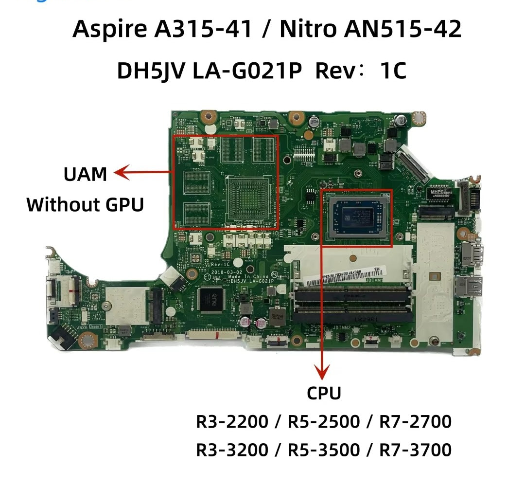 DH5JV LA-G021P For Acer Aspire AN515-42 A315-41 Laptop Motherboard With R3-2200 R5-2500 R7-2700 CPU UMA NB.GY911.007 NBGY911003 Acer laptop repair parts