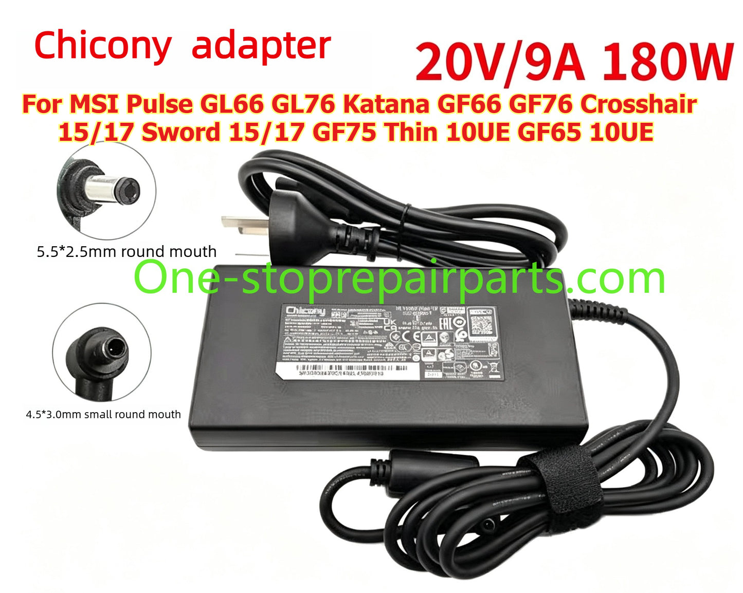 A17-180P4B 180W 4.5*3.0 5.5x2.5mm Chicony AC adapter for MSI Pulse GL66 GL76 Katana GF66 GF76 Crosshair 15/17 Sword 15/17 GF75 Thin 10UE GF65 10UE