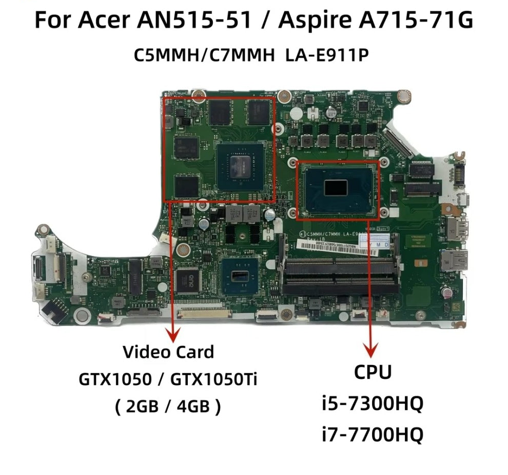 LA-E911P For Acer N17C1 Aspire A715-71G AN515-51 Laptop Motherboard With i5-7300HQ i7-7700HQ CPU GTX1050 GTX1050Ti 2GB/4GB-GPU Acer laptop repair parts