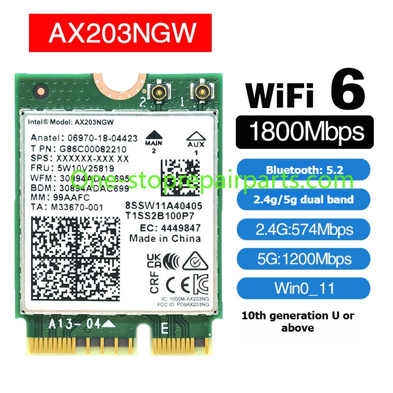 Laptop computer Wifi Card for Intel 9560NGW AX203NGW AX201NGW AX211NGW  Killer1675I 1650I 1550I 9462 9461NGW CNVio IPEX4 WIFI6E Wi-Fi 6E Bluetooth 5.3 Wireless Card