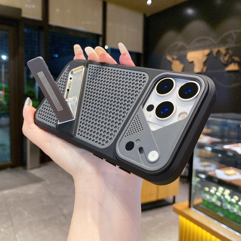 The new mesh cooling is suitable for iPhone 18promax mobile phone case iPhone17Pro one-word bracket 16/15 large window 14 creative anti-drop Phone accessories