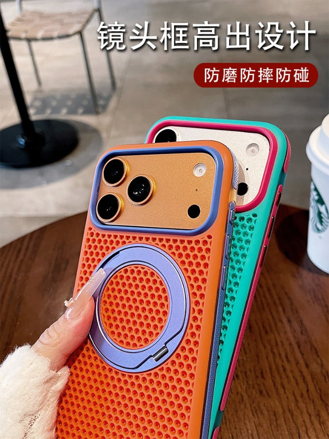 Two-color honeycomb bracket for iPhone 17promax mobile phone case New iPhone16 contrasting color honeycomb heat dissipation with 360 ° rotating bracket 15pro breathable, shell Phone accessories