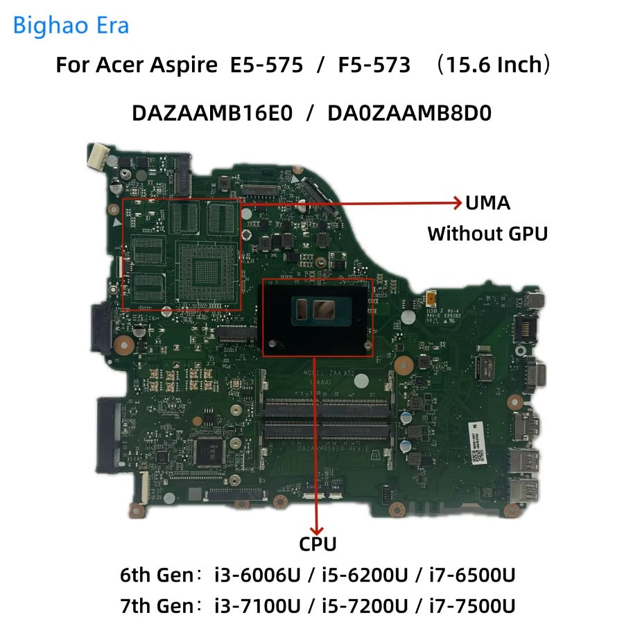 For Acer Aspire E5-575G E5-575 F5-573 Laptop Motherboard With i3-6100U i5-7200U CPU UMA DDR4 DA0ZAAMB8D0 DAZAAMB16E0 100% Tested Acer laptop repair parts