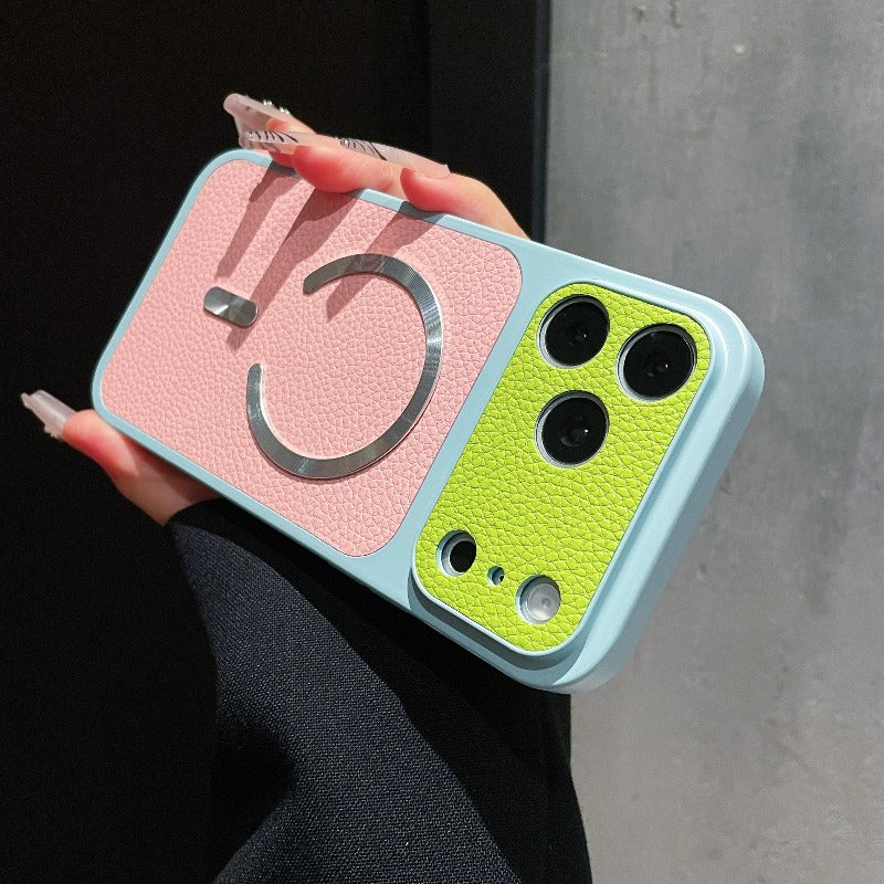 Dopamine contrasting magnetic leather pattern for iPhone 17promax mobile phone case iPhone16 new second change 17 with camera button 15 all-inclusive 14 anti-drop 13 super fire 12pm premium women's 11 Phone accessories