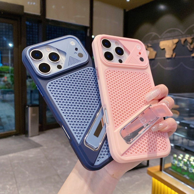 The new mesh cooling is suitable for iPhone 18promax mobile phone case iPhone17Pro one-word bracket 16/15 large window 14 creative anti-drop Phone accessories