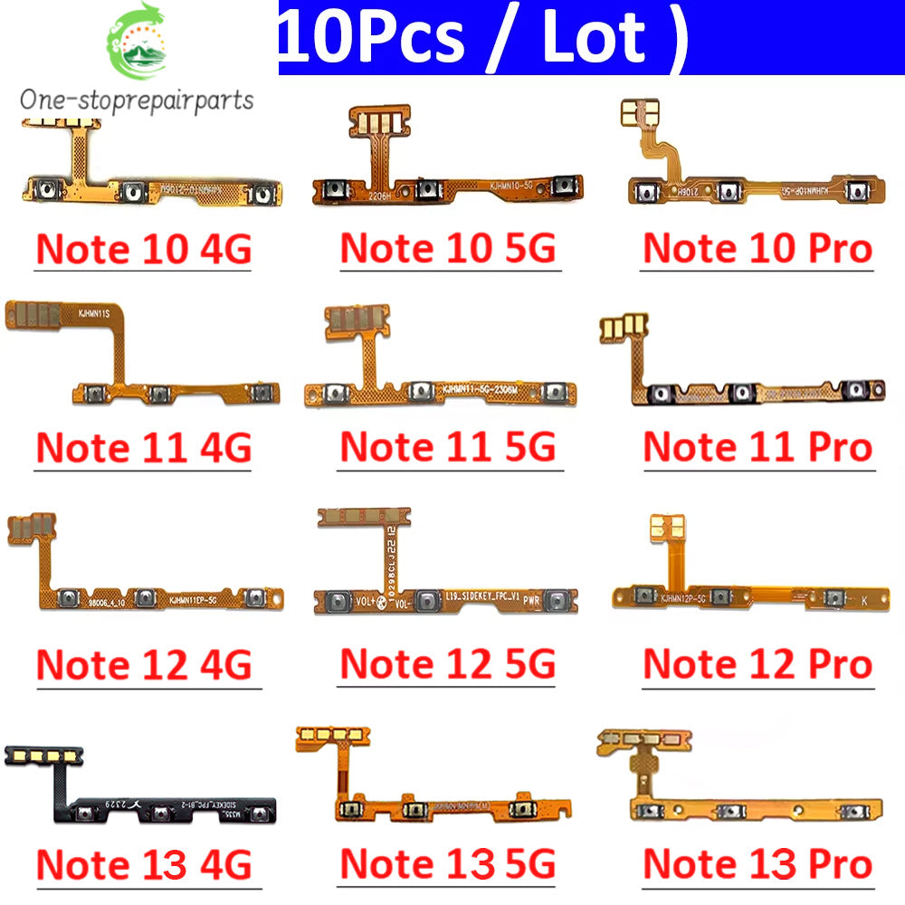 10Pcs,  Power On Off Volume Key Button Flex Cable For Xiaomi Redmi Note 10 10s 11 11s 12 12s 13 Pro Plus 4G 5G Xiaomi  Xiao mi phone repair parts