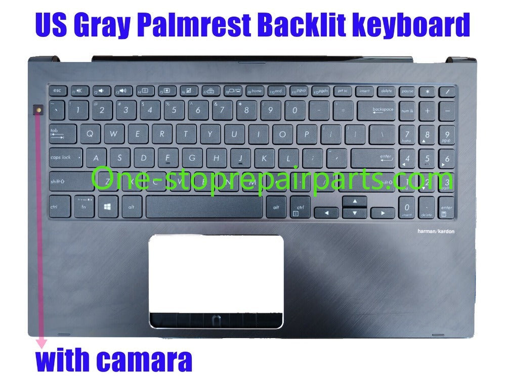 US UPPER C-case Gray Palmrest Backlit keyboard assembly With Camera hole for Asus UX562FD UX562FD-2G Q536FD Q546FD 90NB0JS1-R32US0 90NB0JS1-R32UI0 13NB0JS1AM0411 0KN1-5X1UI16 0KNB0-563BUI00 TOP COVER CASE KEYBOARD MODULE ASUS laptop repair parts