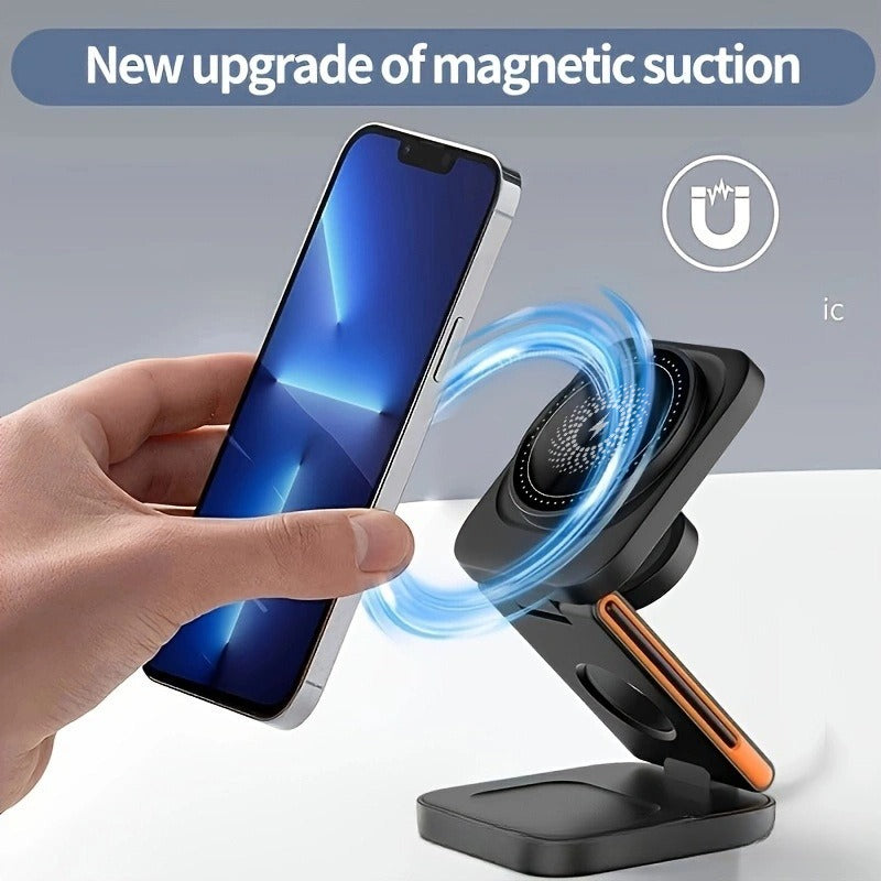 New multi-functional desktop vertical folding three-in-one wireless charging 15W magnetic mobile phone holder wireless charger