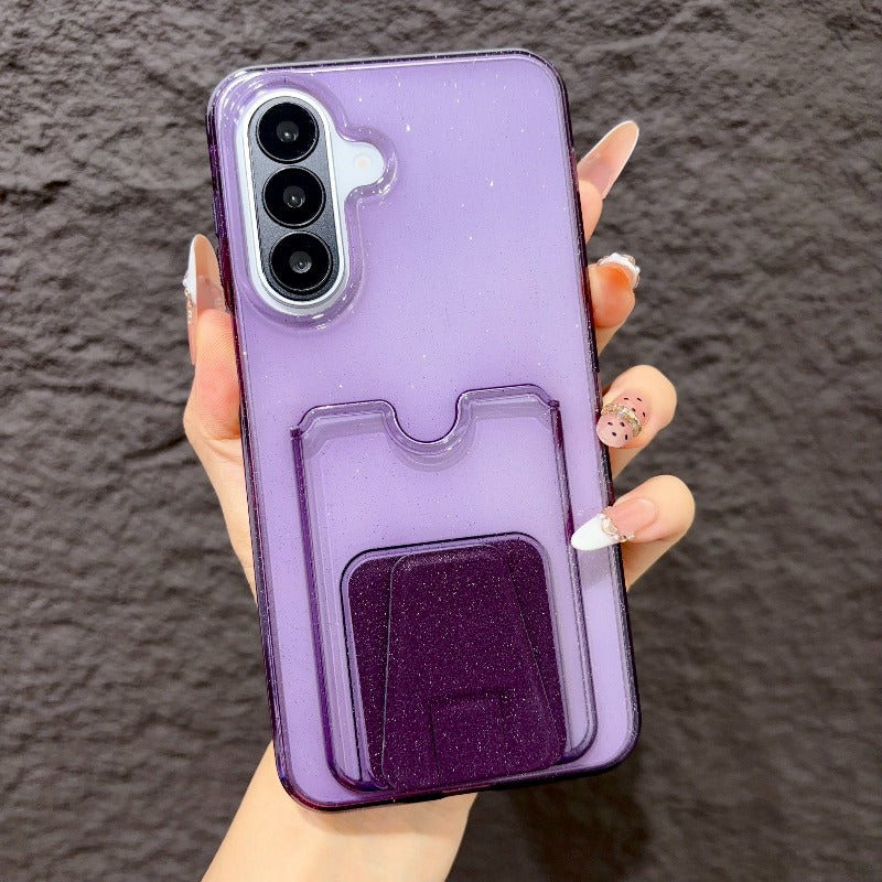 High-value multi-functional glitter powder card bag bracket, suitable for Samsung s26ultra mobile phone case 25plus transparent card case, integrated 24 can insert card 23 to put card change bag, large hole TPU transparent soft case Phone accessories