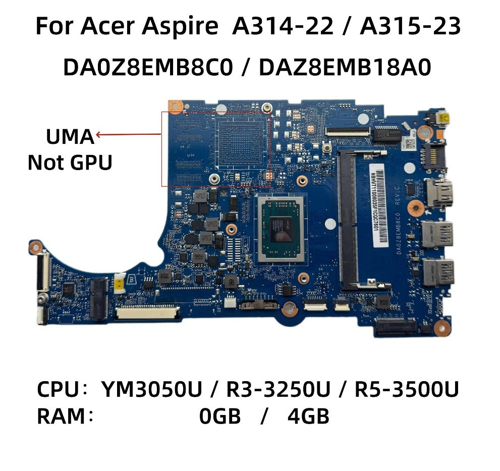 DA0Z8EMB8C0 DAZ8EMB18A0 For Acer Aspire A314-22 A315-23 Laptop Motherboard With YM3050U R3-3250U R5-3500U CPU 0/4GB-RAM UMA DDR4 Acer laptop repair parts