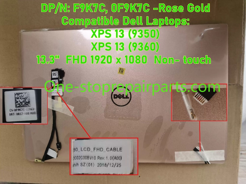 Touch Non-Touch top half LCD Display screen Complete Assembly for Dell XPS 13 9350 9360 P54G P54G002 Ultrabook 13.3" FHD QHD+  R3RJ8 0K8H0R 7PH9N 0N6CH2 0P2HPR 0907D8 9D8MJ Rose Gold Silver panel half Dell laptop repair parts