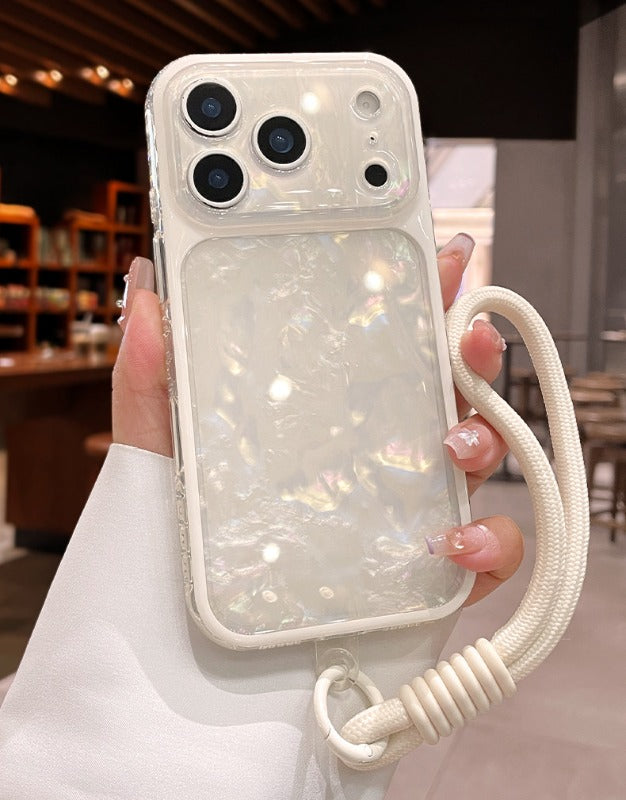 Laser shell pattern for iPhone 17promax mobile phone case new iPhone16 soft edge anti-drop belt wrist lanyard silicone women's 15pro super good-looking light shell Phone accessories