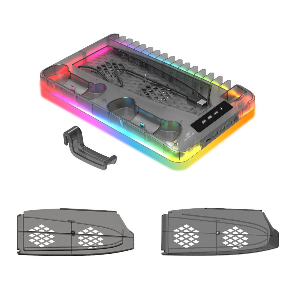The PS5 slim/pro cooling base Stand with RGB lights PS5 controller charging dock for storing game discs  headphones